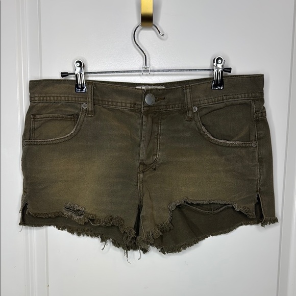 Free People Sz 27 Button Fly Cut Off Distressed Olive Green Raw Hem Denim Shorts - Picture 3 of 11